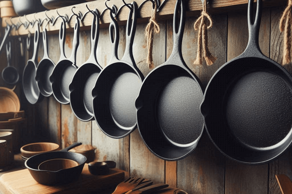 A collection of cast iron skillets hanging from hooks on a wooden wall