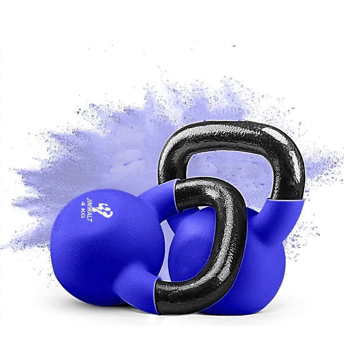 Two blue kettlebells with black handles