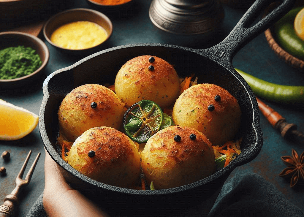 A cast iron skillet filled with golden-brown, round potato patties