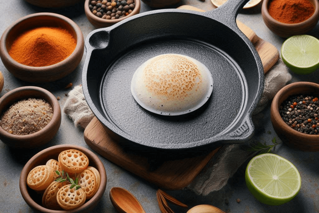 A cast iron skillet containing a round, golden-brown dish