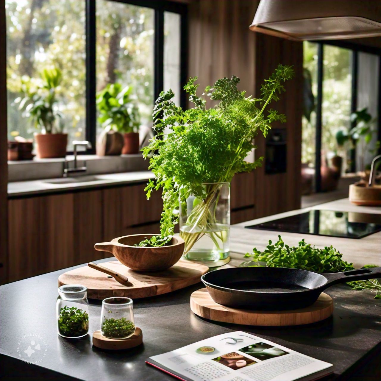 a cookware, plant leaves are placed over the table 