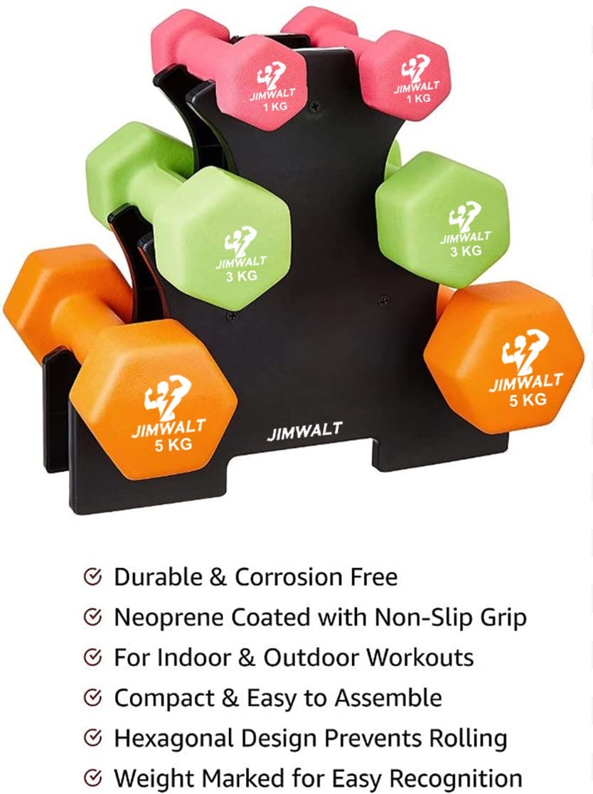 Premium Cast Iron Neoprene Coated Dumbbell Combo with Stand (18 Kg (1kg + 3kg + 5kg Set)) - Healthy Cliq