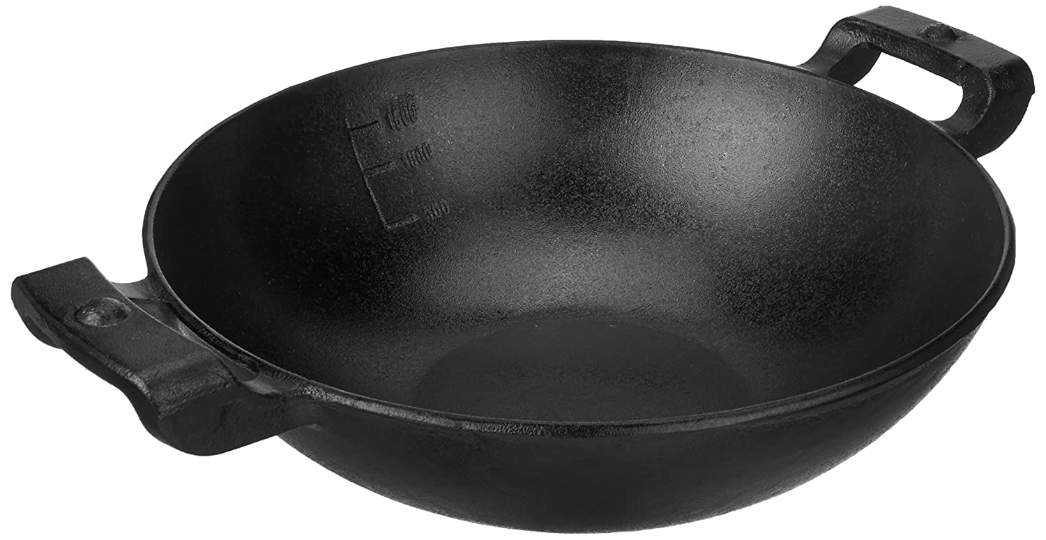 Pre-Seasoned Cast Iron Kadai/Kadhai 24 cm Diameter (3.3 litres Capacity) for Cooking and Deep Frying, Loha Kadai, Non Toxic, Enamel Free (DEEP KADAI with LID & Grip)