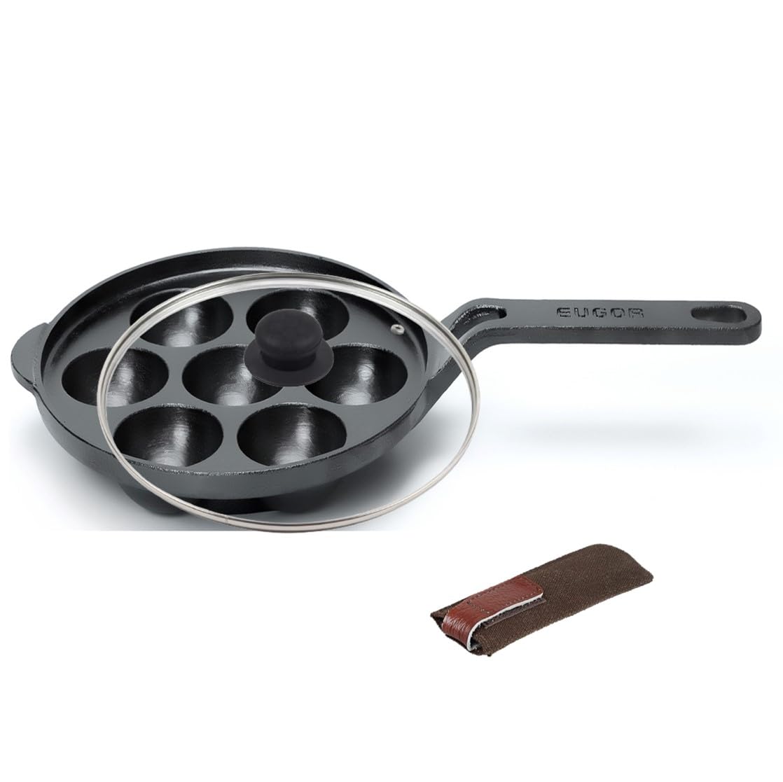 Cast iron Paniyarakal pan with long handle, 7 cavities, lid, and grip, ideal for healthy cooking, eco-friendly and induction compatible