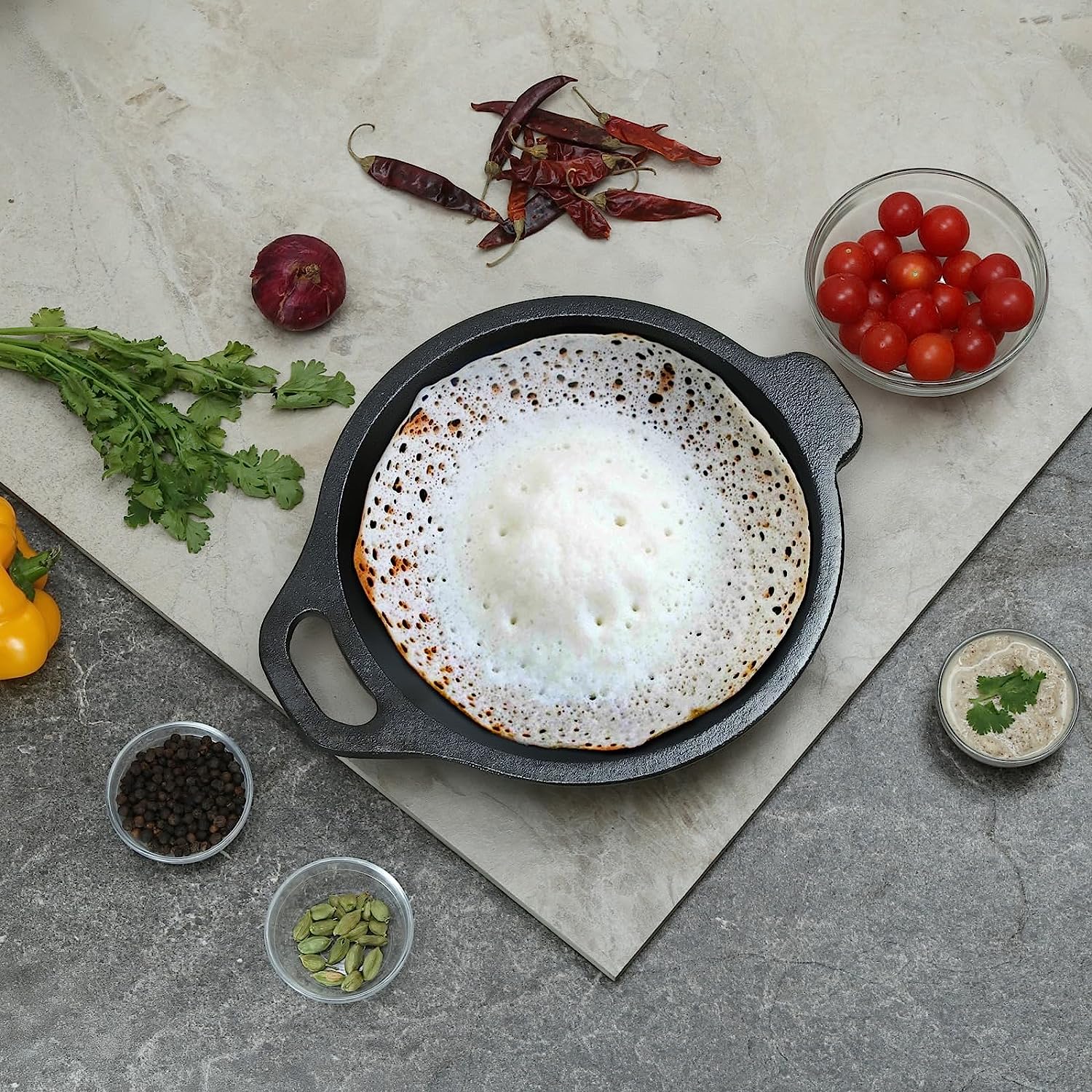 Pre-Seasoned Cast Iron Appa Chatti/Appam Pan/Appam Patra/kalluWith Toughened Glass Lid (Black) - Healthy Cliq