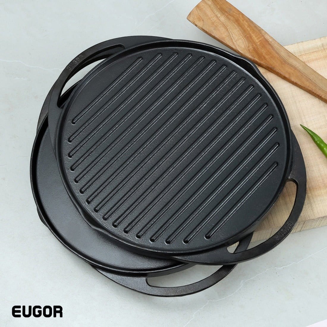 Pre-Seasoned Cast Iron 2 in 1 Grill and Griddle Pan | Cast Iron Tawa for Dosa | Iron Cookware for Kitchen | Roti Tawa Cast Iron | Cast Iron Grill Pan | 30cm, Black (Round Shape) - Healthy Cliq