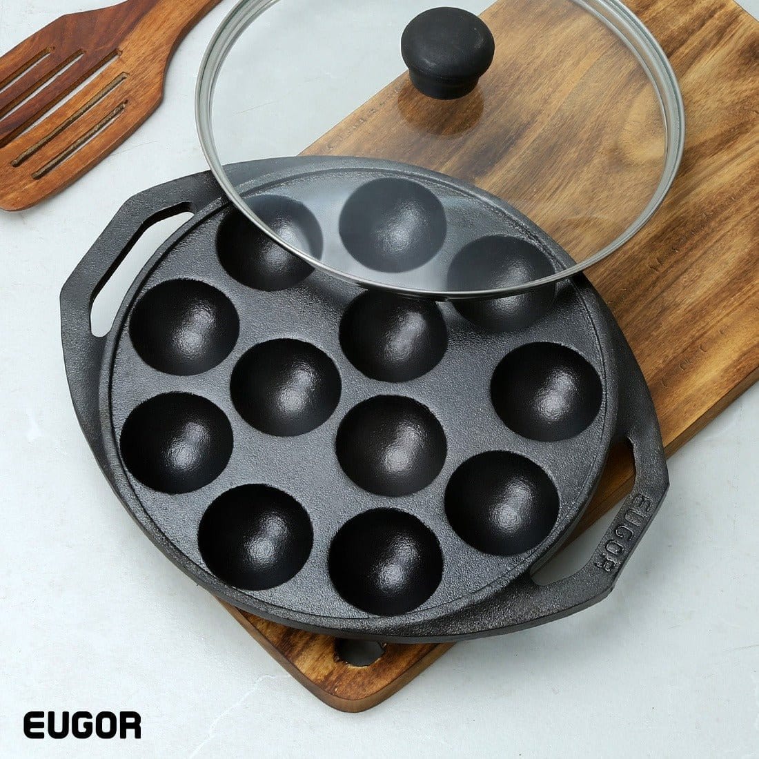 Cast Iron Paddu Appe Maker Premium Cast Iron 12 Cavity Paniyaram Paddu Ponganalu Pan Kallu Chatti Pre-Seasoned with Toughened Glass Lid - Healthy Cliq