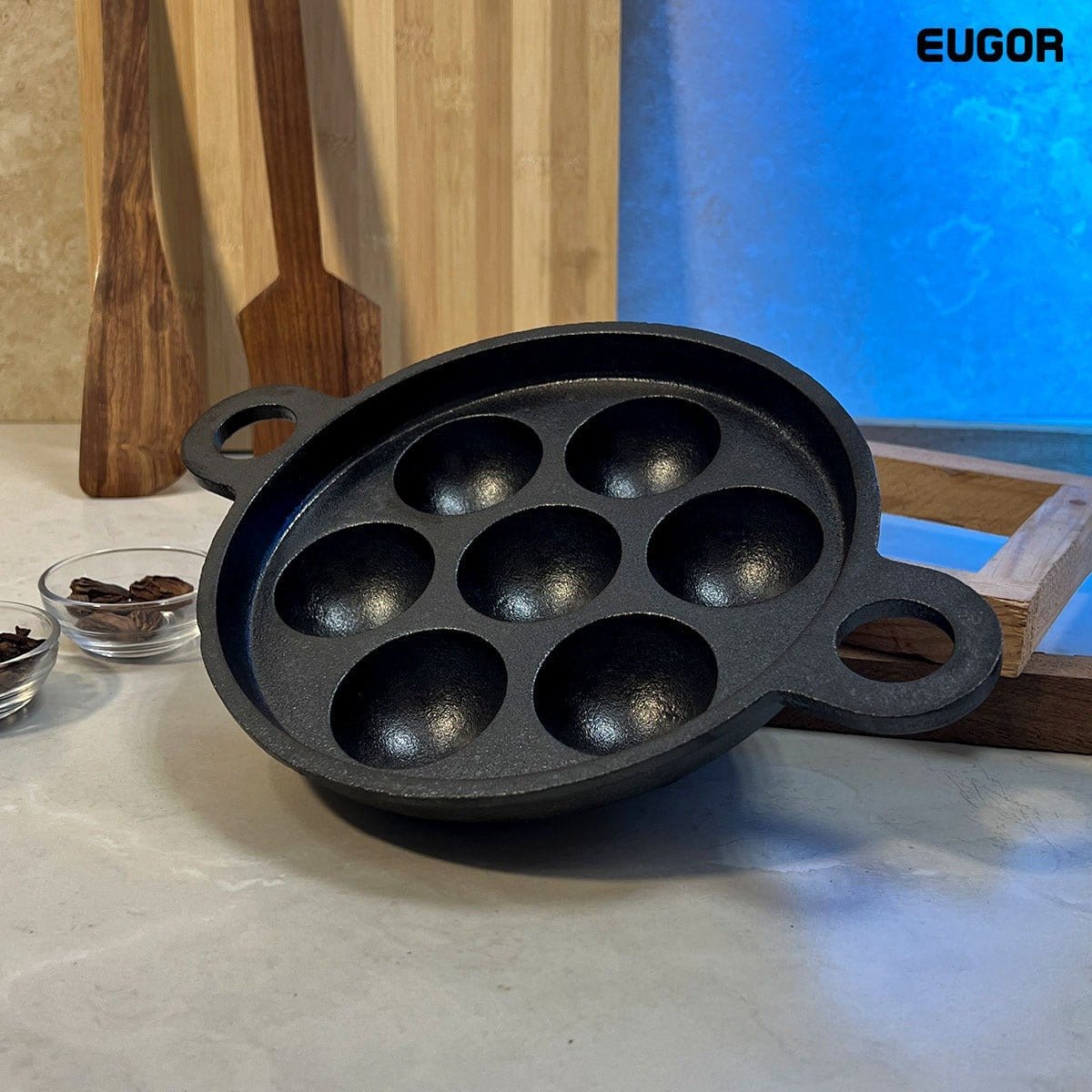 Cast Iron Paddu Appe Maker Premium Cast Iron 7 Cavity Paniyaram Paddu Ponganalu Pan Kallu Chatti Pre-Seasoned with Toughened Glass Lid (Black, 19 cm) - Healthy Cliq