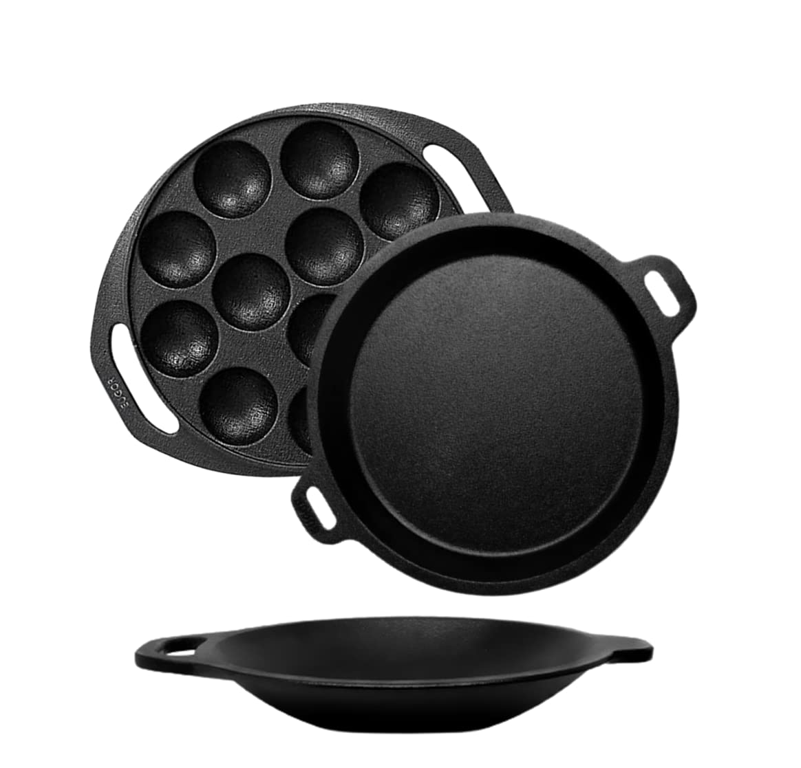 Cast Iron Pre Seasoned Appam Pan & Paddu Maker Go's Good for Cooking on Gas (Fish Fry Pan + Appam Pan + Paddu Maker) - Healthy Cliq