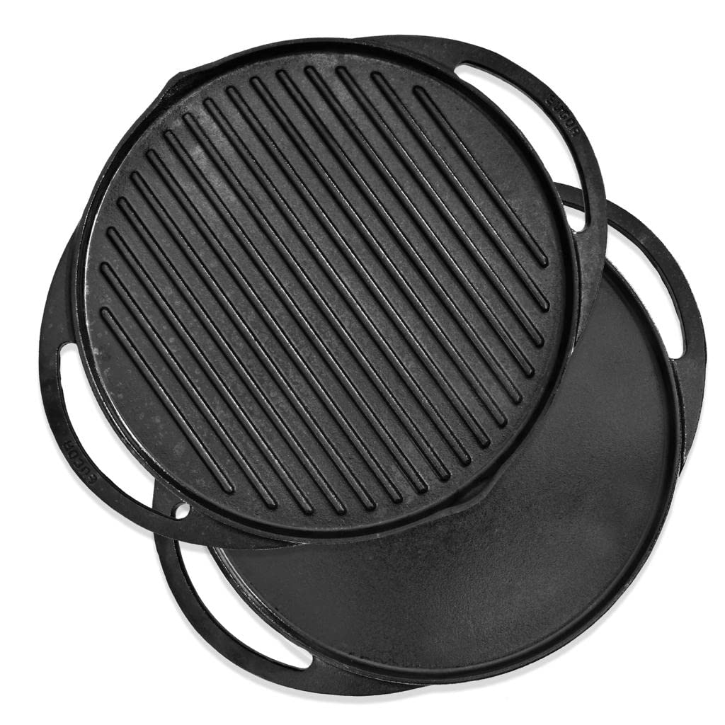 Pre-Seasoned Cast Iron 2 in 1 Grill and Griddle Pan | Cast Iron Tawa for Dosa | Iron Cookware for Kitchen | Roti Tawa Cast Iron | Cast Iron Grill Pan | 30cm, Black (Round Shape) - Healthy Cliq