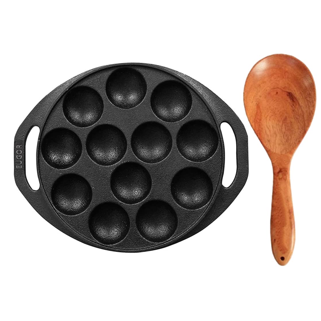 Cast Iron Pre Seasoned Combo Pack Go's Good for Cooking on Gas (Paddu Maker + Neem Wooden Stirrer) - Healthy Cliq