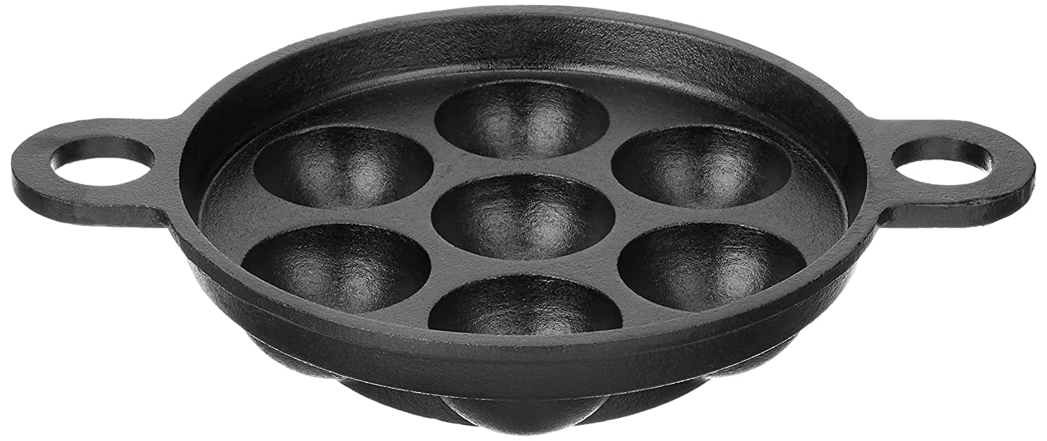 Cast Iron Paddu Appe Maker Premium Cast Iron 7 Cavity Paniyaram Paddu Ponganalu Pan Kallu Chatti Pre-Seasoned with Toughened Glass Lid (Black, 19 cm) - Healthy Cliq