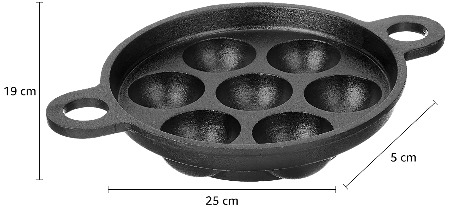 Cast Iron Paddu Appe Maker Premium Cast Iron 7 Cavity Paniyaram Paddu Ponganalu Pan Kallu Chatti Pre-Seasoned with Toughened Glass Lid (Black, 19 cm) - Healthy Cliq