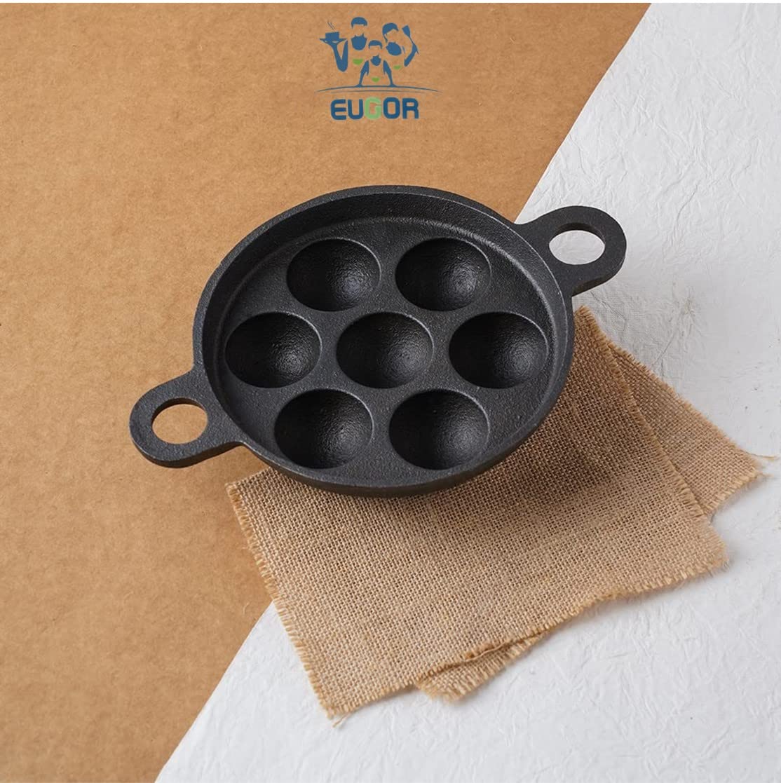 Cast Iron Paddu Appe Maker (Premium Cast Iron 7 Cavity Paniyaram Paddu Ponganalu Pn Kallu Chatti Pre-Seasoned) - Black (7 Cavity) - Healthy Cliq