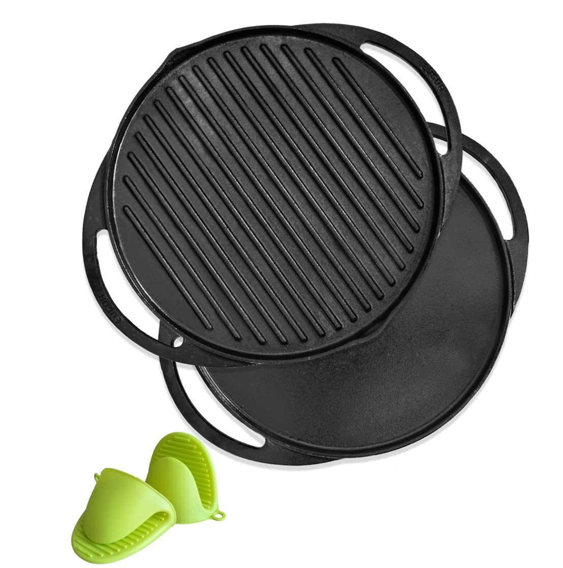 Pre-Seasoned Cast Iron 2 in 1 Grill and Griddle Pan | Cast Iron Tawa for Dosa | Iron Cookware for Kitchen | Roti Tawa Cast Iron | Cast Iron Grill Pan | 30cm, Black (Round Shape) - Healthy Cliq