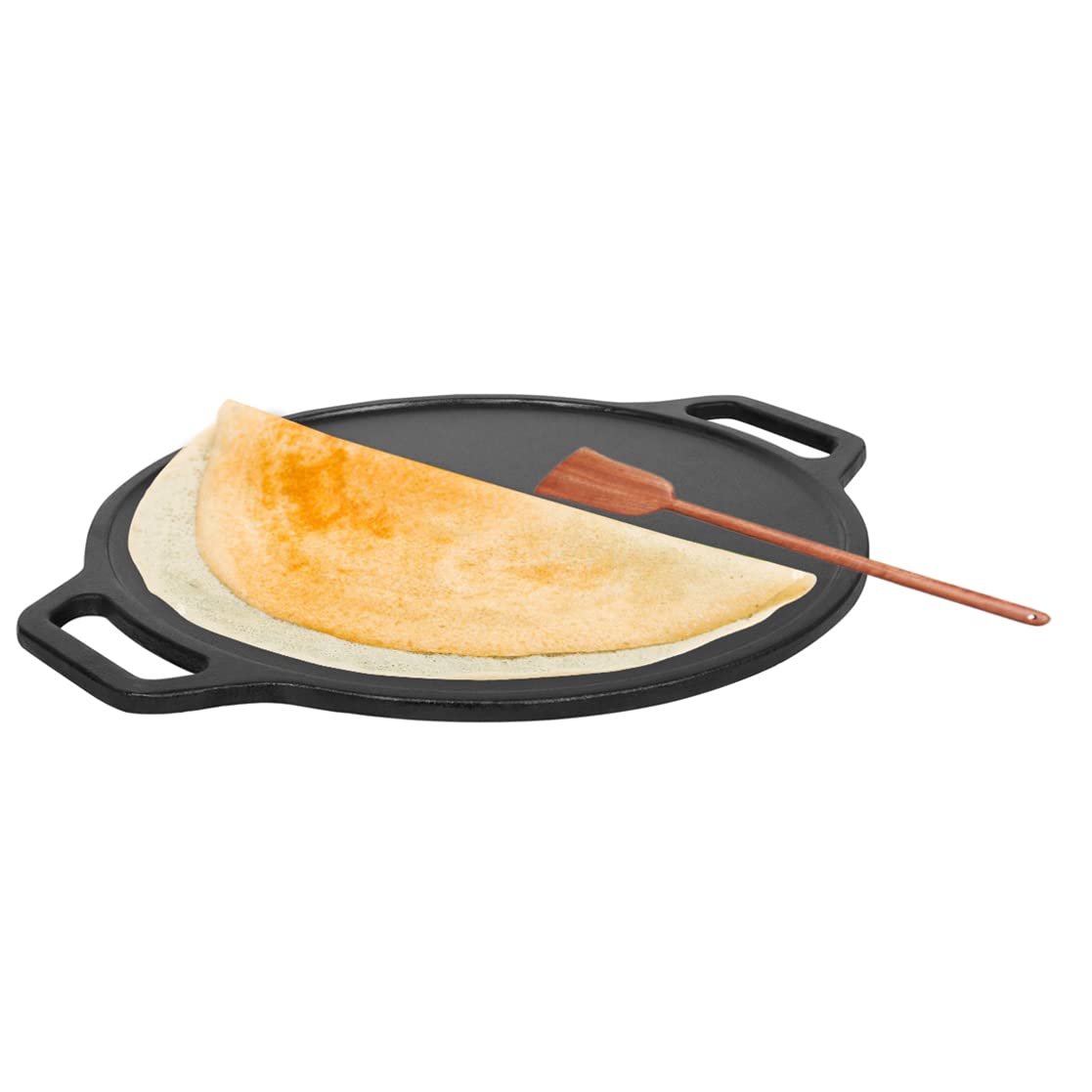 Cast Iron Pre Seasoned Combo Pack Go's Good for Cooking on Gas (Dosa Tawa + Neem Wooden Flip) - Healthy Cliq